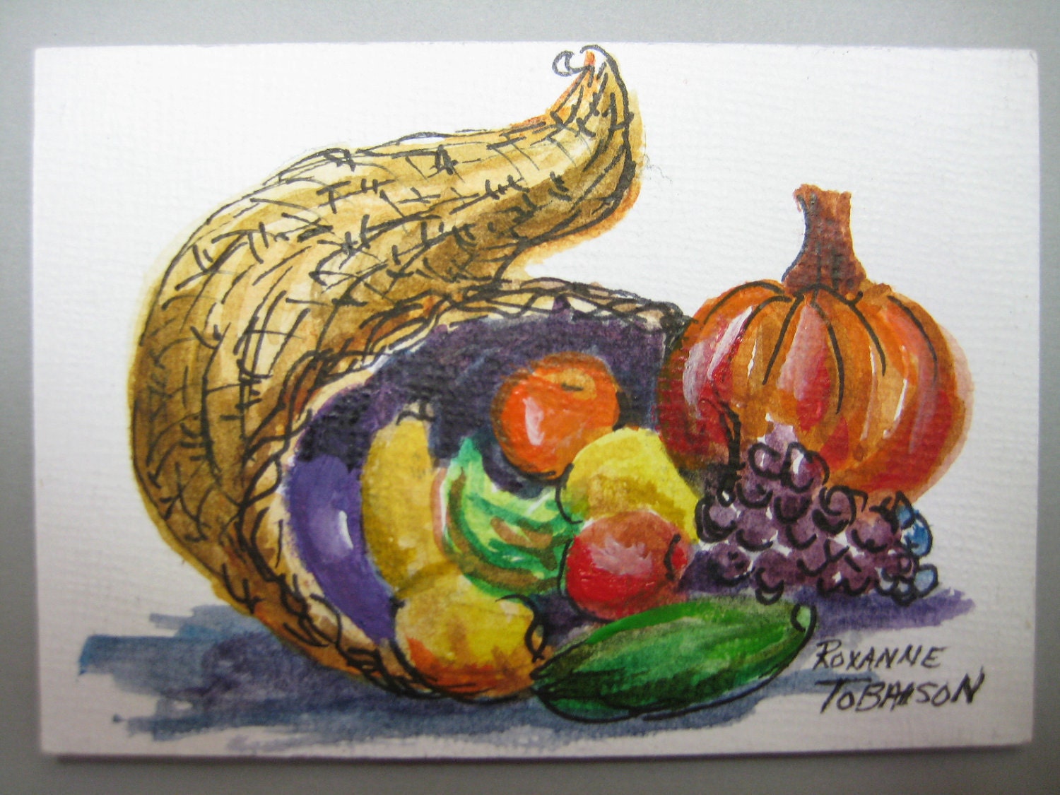 Cornucopia  ACEO original watercolor Fall Harvest Thanksgiving  Cornucopia III  Fruit 205 - watercolorsNmore