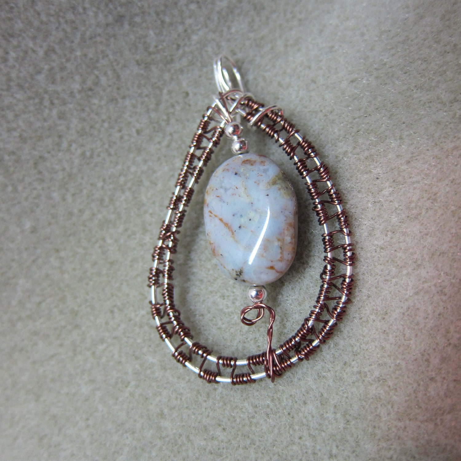 Agate Pendant Wire Wrapped w/ sterling silver vintage nontarnish bronze accent beads