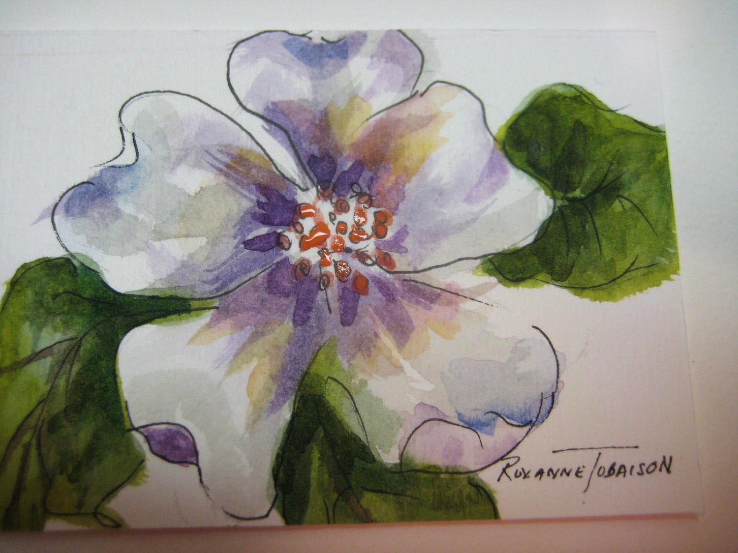 White Flower, ACEO, Print of Watercolor painting, purple, 370, watercolorsNmore