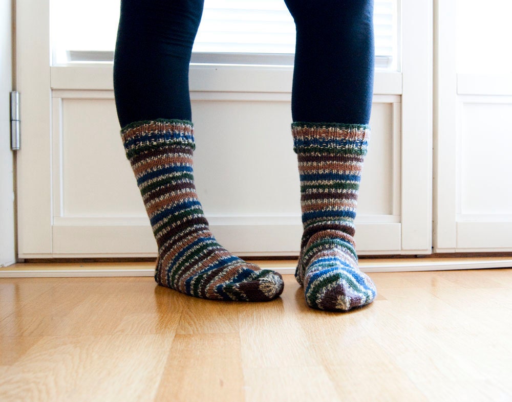 Hand knit socks - dark forest. striped socks. unisex.