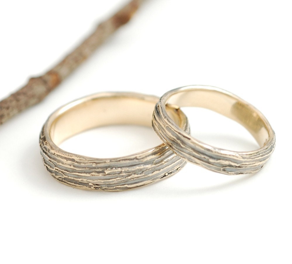 14k Gold Tree Bark Wedding Ring Set - 4mm and 6mm - made to order