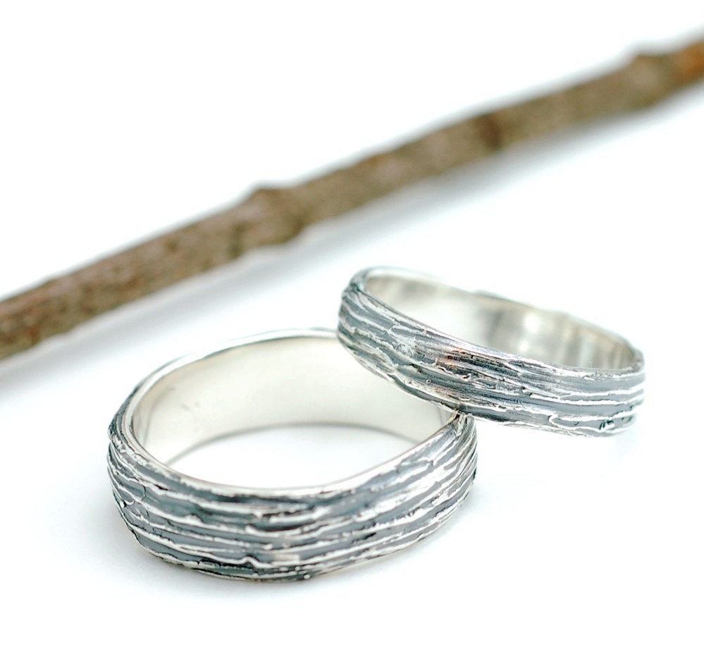 Sterling Silver Tree Bark Wedding Bands - 4mm and 6mm set