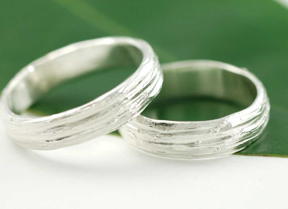 Sterling Silver Tree Bark Wedding Bands - 4mm and 6mm set