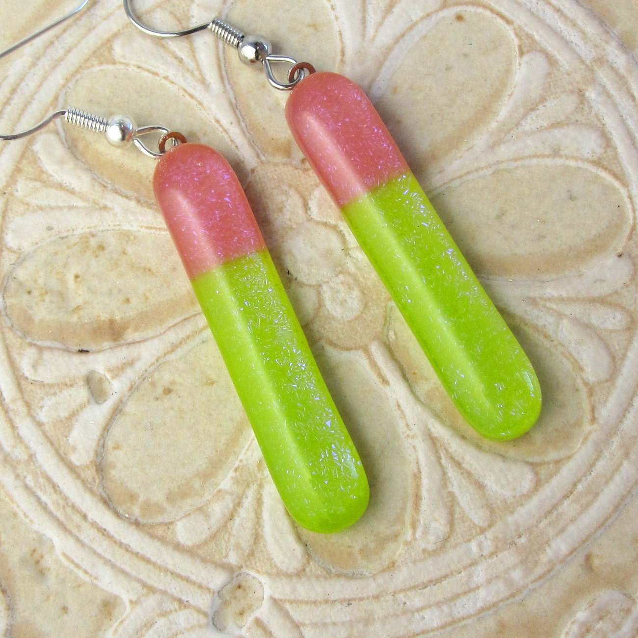 Spring Green & Pink Dichroic Earrings   DGE-221