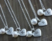 Bridesmaids Gifts, 5 Personalized Sterling Silver Heart and Fresh Water Pearl Necklaces, Bridal Discount
