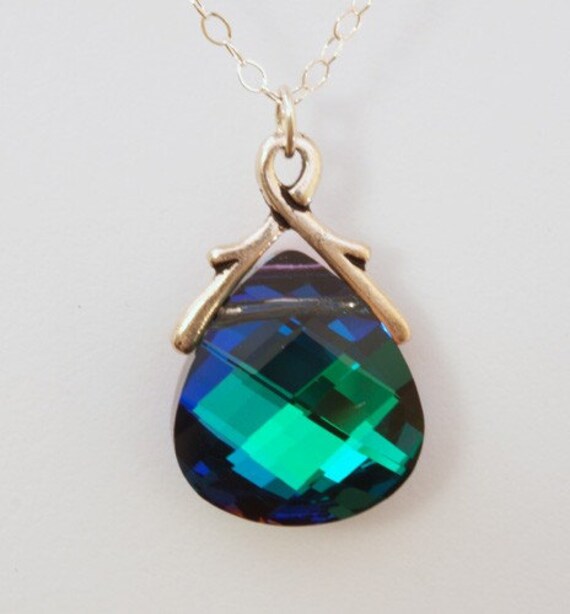 Peacock Necklace, Swarovski Crystal Necklace on Sterling Silver