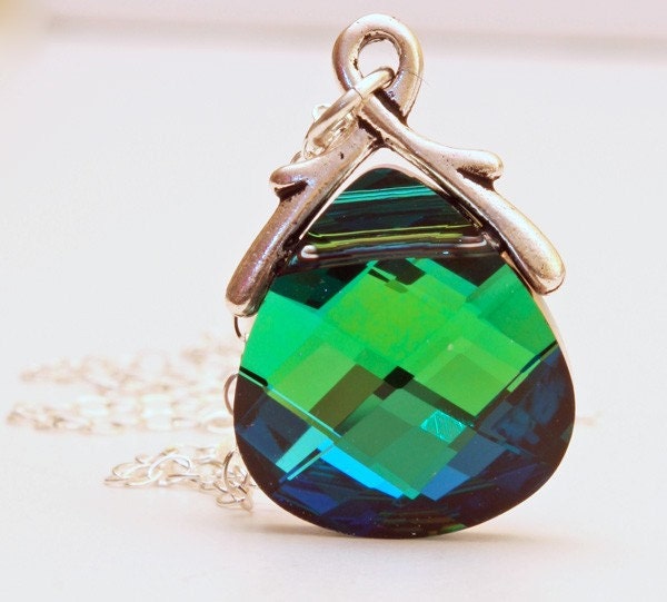 Peacock Necklace, Swarovski Crystal Necklace on Sterling Silver