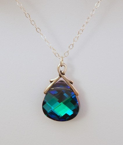 Peacock Necklace, Swarovski Crystal Necklace on Sterling Silver