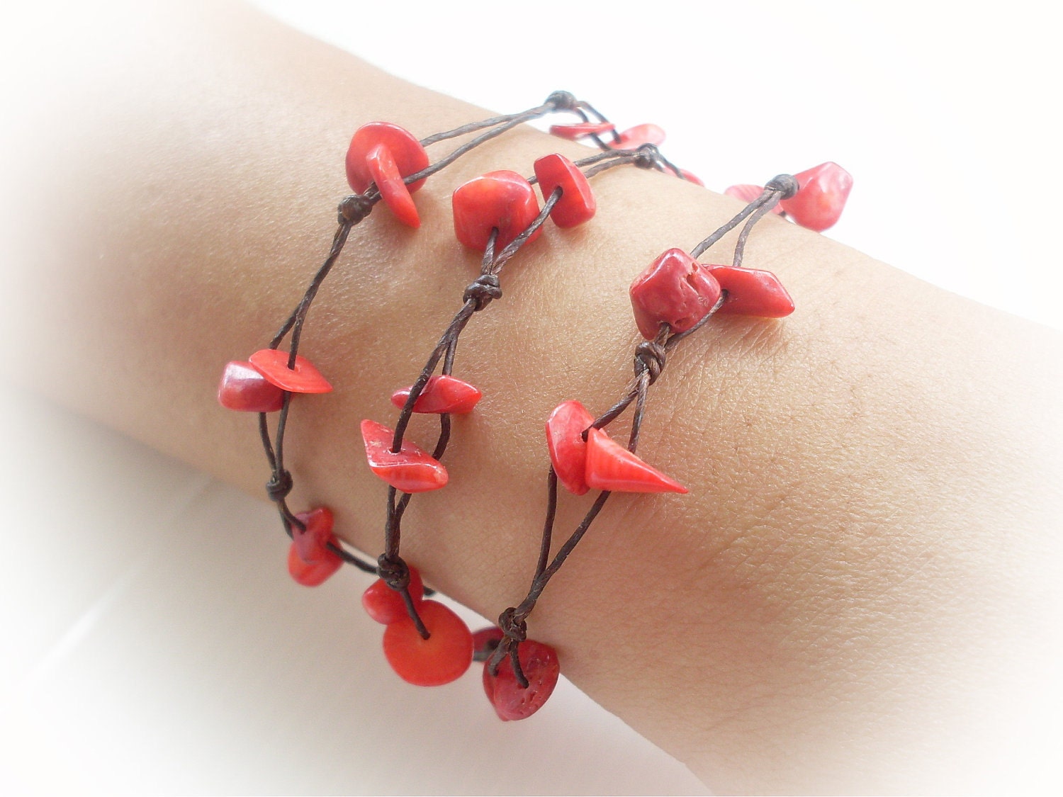 Adjustable Red CORAL Bead BUDDHIST Wax String Cotton BEADED Bracelet - Handmade Thai Jewellery