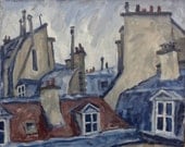 Oil Painting Landscape, Paris Roofs, Original Oil on Canvas, Framed Impressionist Landscape Painting