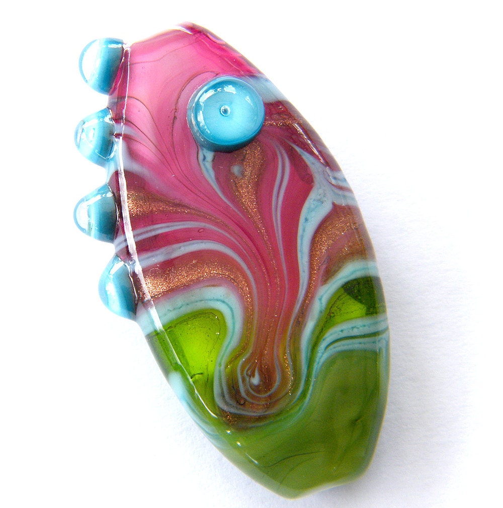 Handmade Lampwork glass focal - one lampwork bead / pendant in green, pink and  turquoise