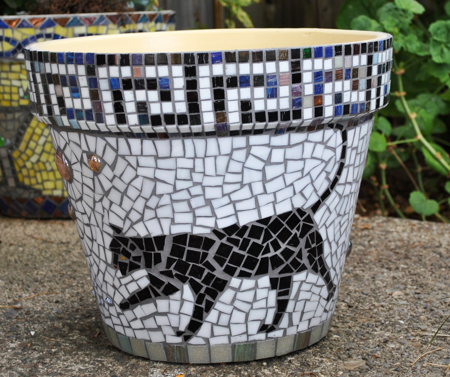 Stained Glass & Tile Mosaic Garden Container - Black Cats-Greek Key