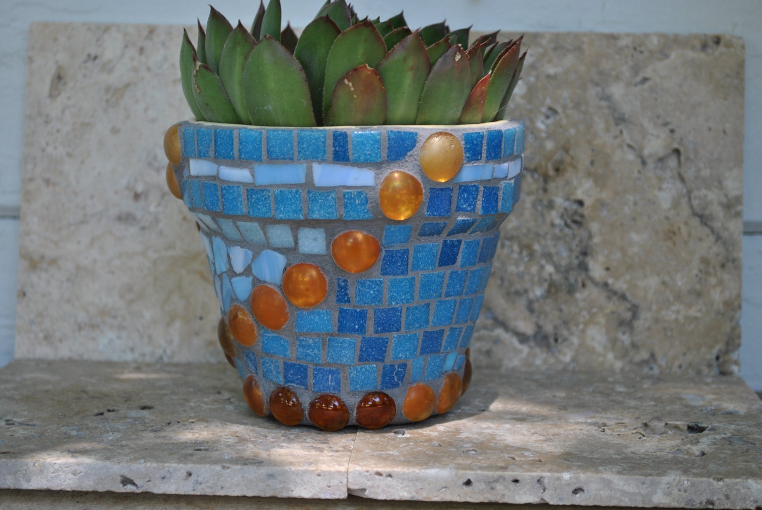 Tile Mosaic Flower Pot Shades of Blue