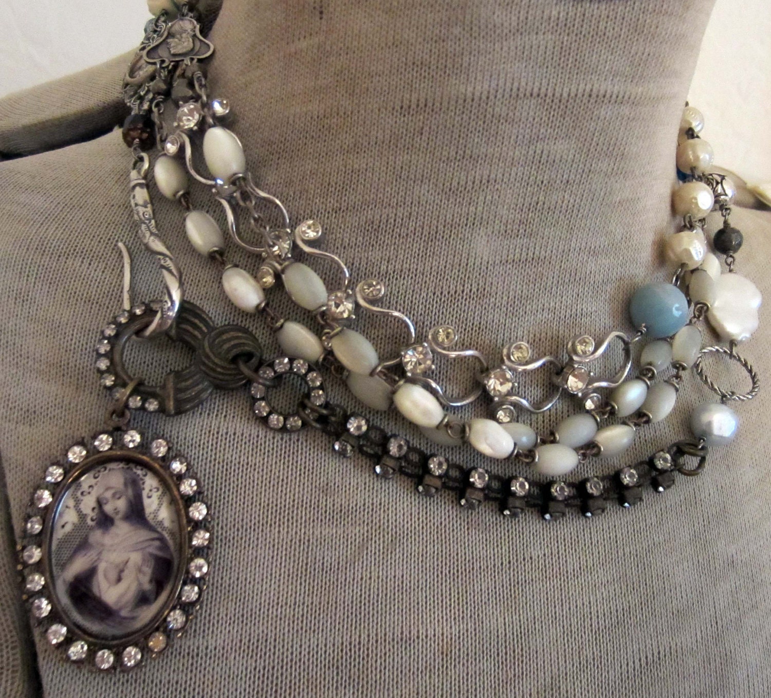 RESERVED for B.R. - a loving heart - vintage assemblage triple wrap necklace with mother of pearl rosaries by the french circus