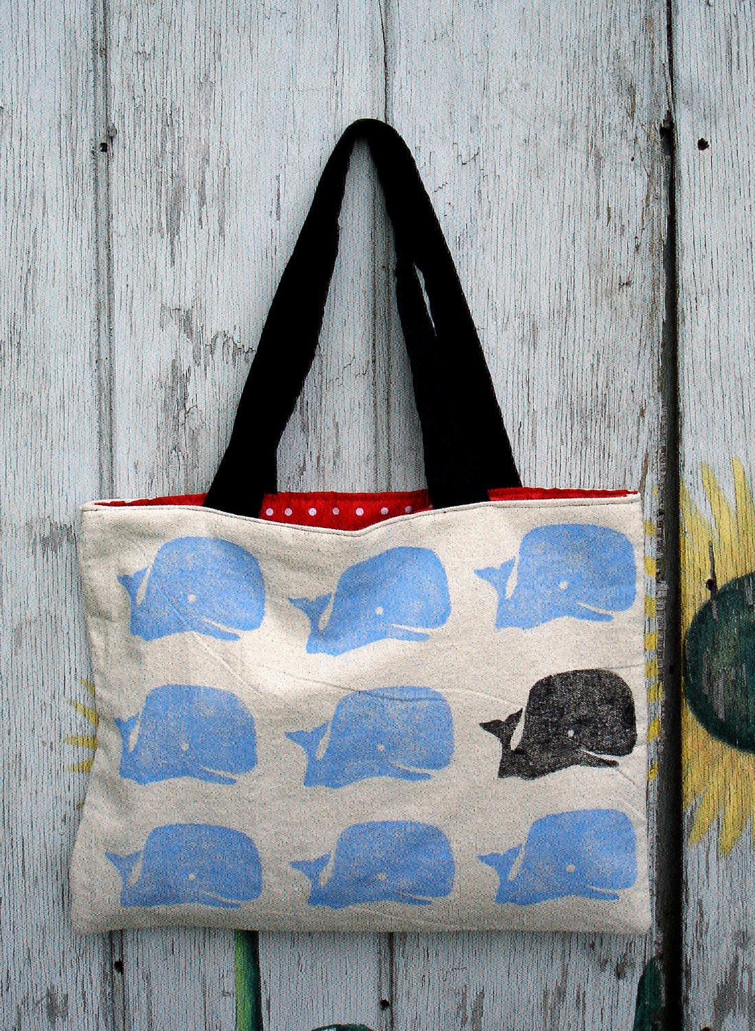 Hand Stamped Blue Whales Tote Bag by SBMathieu