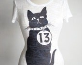Black Cat T-Shirt - Unlucky "13" - Graphic Printed White Tee - Women's sizes available