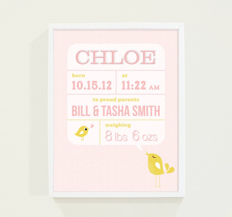Custom Birth Announcement - Bird Nursery Art Prints in Pink Pastel