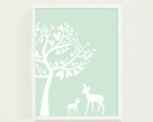 Custom Nursery Art Poster for Girls Room in Mint Green Pastel - Deer and Bird Modern Wall Art
