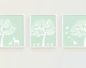Woodland Custom Nursery Art in Mint Green Pastel - Deer and Bird Modern Nursery Wall Art for Baby