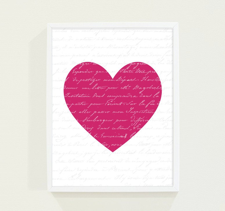 Fuschia Hot Pink Heart Typography Poster Love Print - Minimalist Wall Art Print for the Modern Home