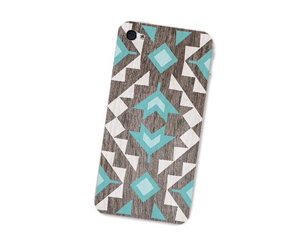 iPhone Decal - Geometric Wood iPhone 4S Skin: Iphone 4 Skin Decal - Southwest Triangle Tribal in Turquoise Brown and White Boho For Him - fieldtrip