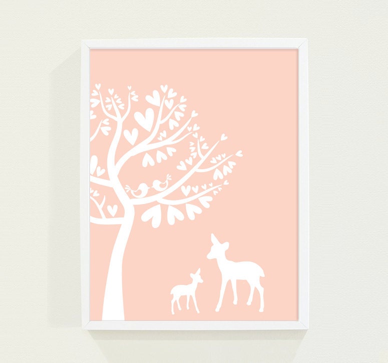 Woodland Custom Nursery Art Poster Print for Girls or Childrens Room in Peach Coral Pastel - Deer and Bird Kids Wall Art