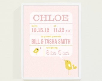 Custom Birth Announcement - Bird Nursery Art Prints in Pink Pastel