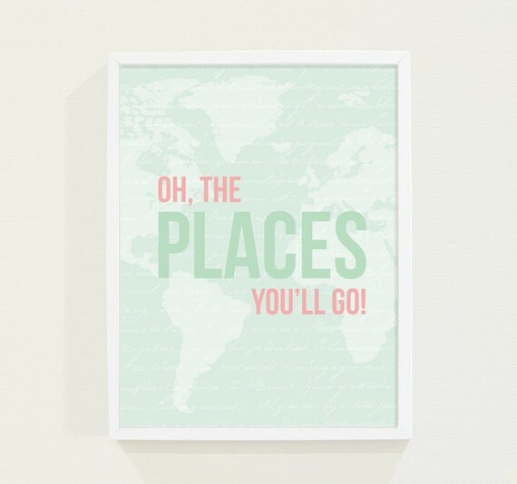 Dr. Seuss Wall Art - Mint Green Baby Girl Nursery Art Print - Oh, The Places You'll Go - Map Nursery Wall Art Poster - Kids Wall Art