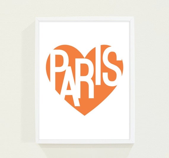 Paris Art Orange Heart Typography Print - Paris Poster Wall Art
