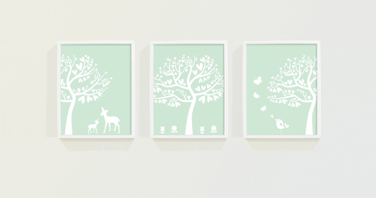 Woodland Custom Nursery Art in Mint Green Pastel - Deer and Bird Modern Nursery Wall Art for Baby