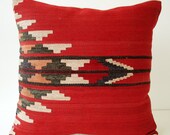 Sukan / SOFT Handwoven Wool Vintage Tribal Turkish Kilim Pillow Cover - 16x16 inch - Red Beige Gray Color
