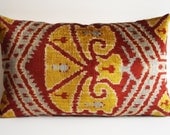 Sukan / SALE - Soft Hand Woven - Silk Velvet Ikat Pillow Cover - 15x24 inch -  Terra-cotta, Mustard, Beige, Blue Color