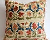 Sukan / Vintage Hand Embroidered Silk Suzani Pillow, Organic Modern Bohemian Throw Pillow.