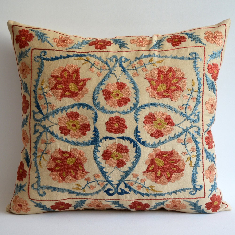 Sukan / Vintage Hand Embroidered Silk Suzani Pillow, Organic Modern Bohemian Throw Pillow.