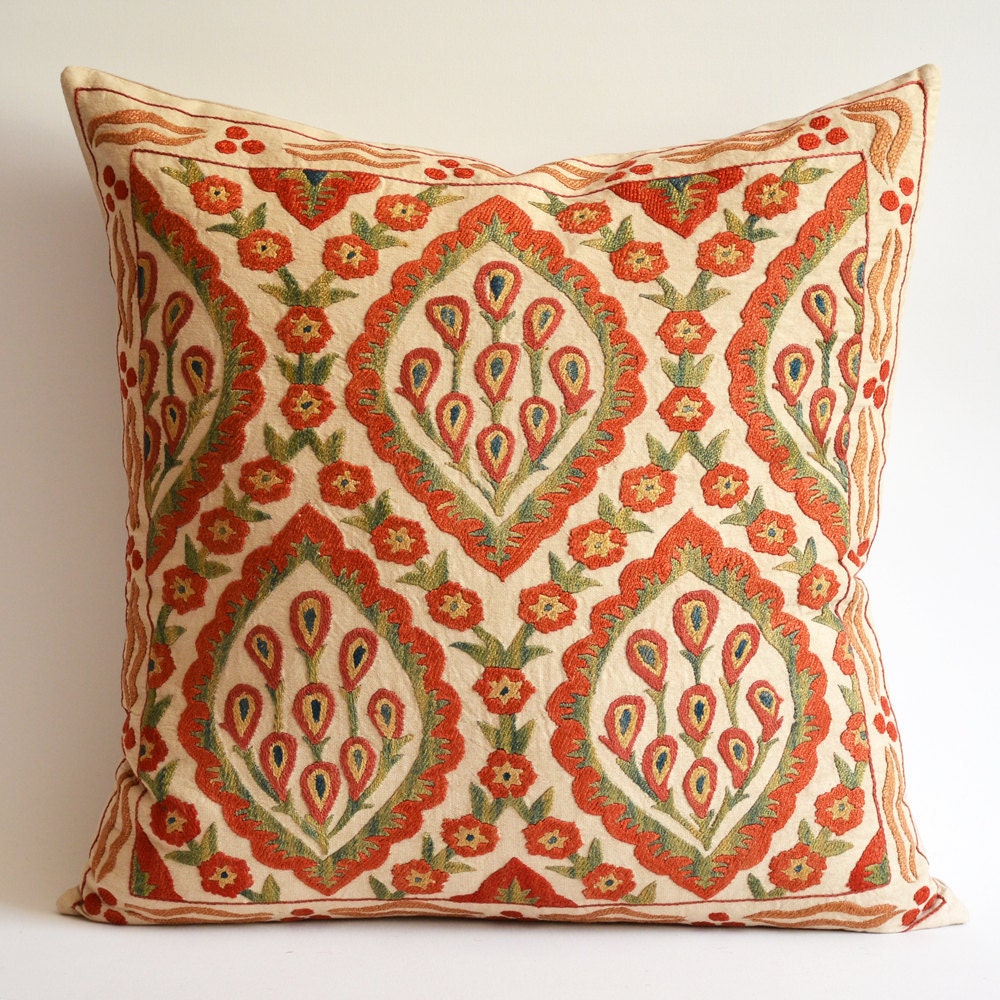 Sukan / Vintage Hand Embroidered Silk Suzani Pillow, Organic Modern Bohemian Throw Pillow.