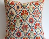 Sukan / Vintage Hand Embroidered Silk Suzani Pillow, Organic Modern Bohemian Throw Pillow.