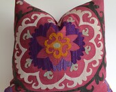 Sukan / Vintage Hand Embroidered Silk Suzani Pillow Cover - 18x18 inch Purple, Yellow, Soft Green, Egg Yellow, Beige, Black, Dirty Red Color