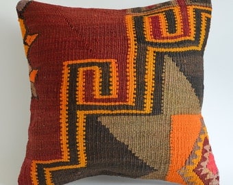 Sukan / Modern Bohemian Throw Pillow. Handwoven Wool Vintage Tribal Turkish Kilim Pillow Cover. 16x16 inch