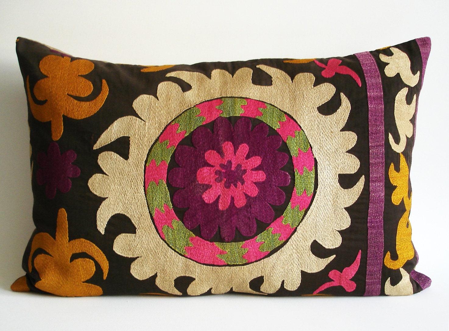 Sukan / Vintage Hand Embroidered Silk Suzani Pillow Cover - 16x25 inch - Egg Yellow Purple Pink Beige Green Dirty Black