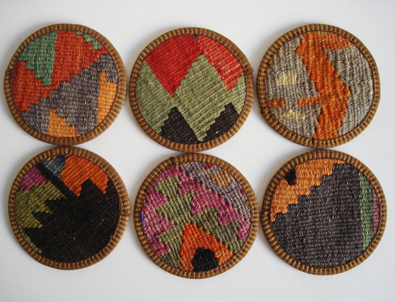 Sukan / Hand Woven - Turkish Antique Kilim Cups Coasters - 6 pcs