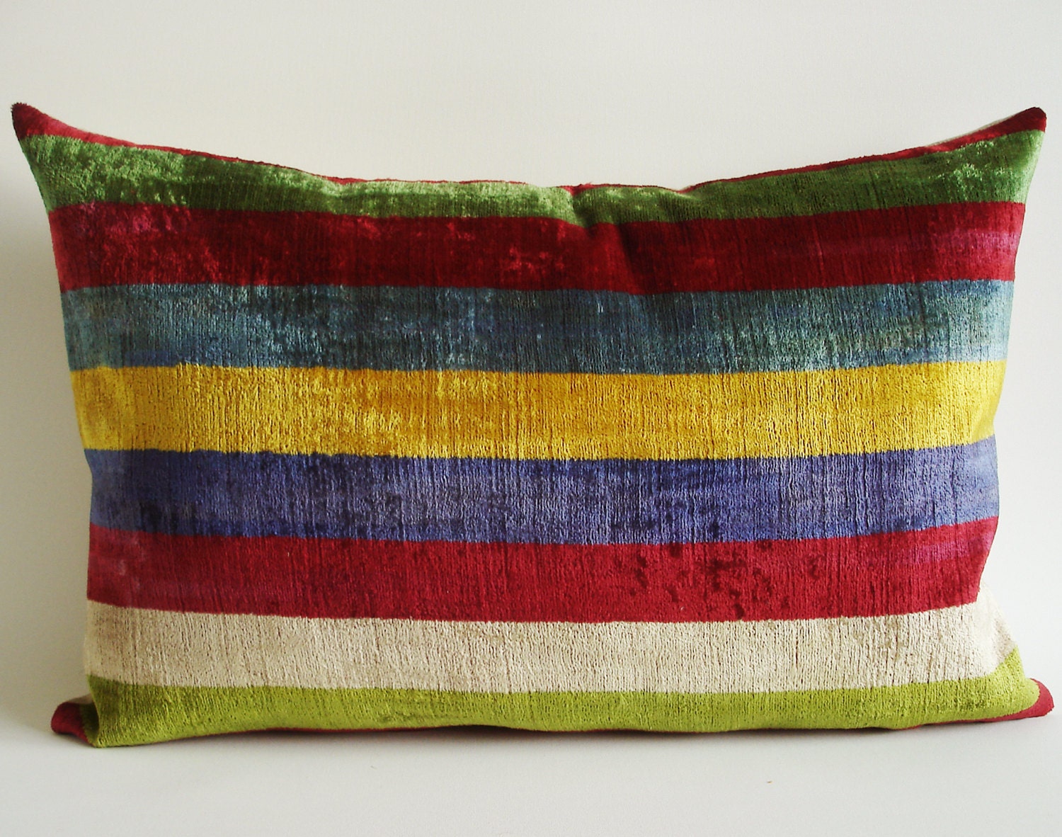 Sukan / SALE - Soft Hand Woven - Silk Velvet Ikat Pillow Cover - 16x24 inch - Green, Dark Red, Beige, Blue Purple, Yellow, Blue Color