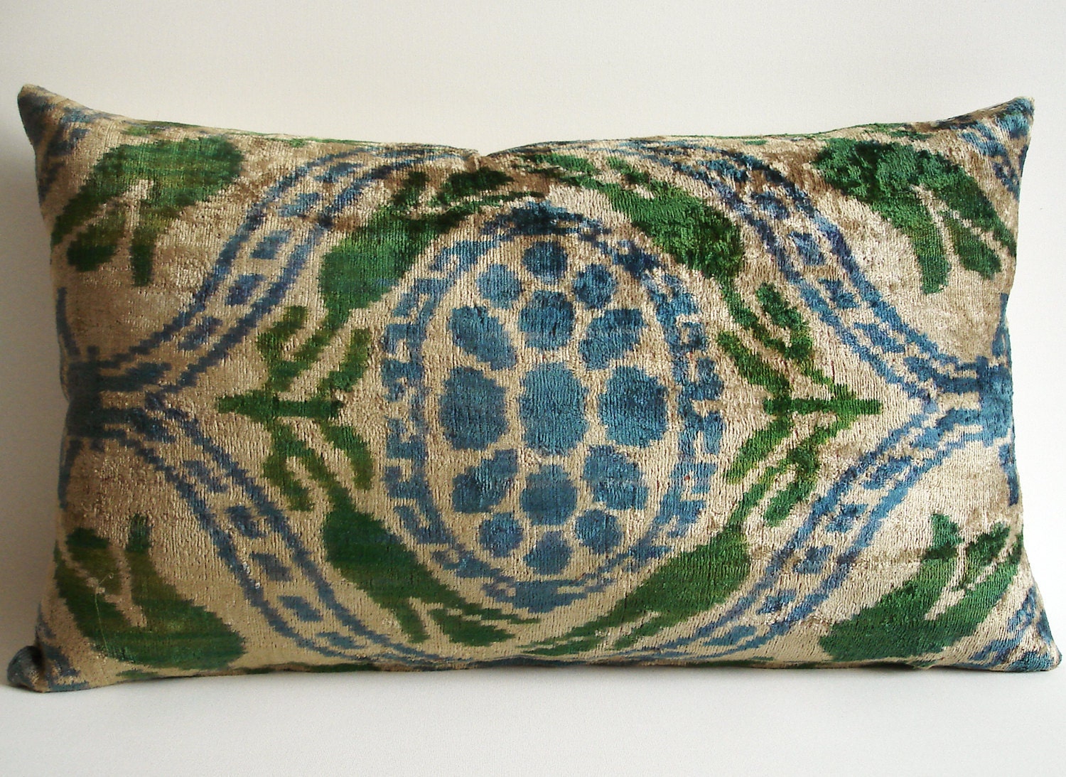Sukan / SALE - Soft Hand Woven - Silk Velvet Ikat Pillow Cover - 13x22 inch - Beige, Green, Blue Color