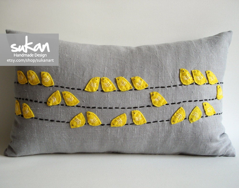 Sukan / Love Birds Linen Pillow Cover Gray Yellow - lumbar pillow cover -  Yellow, Gray, White