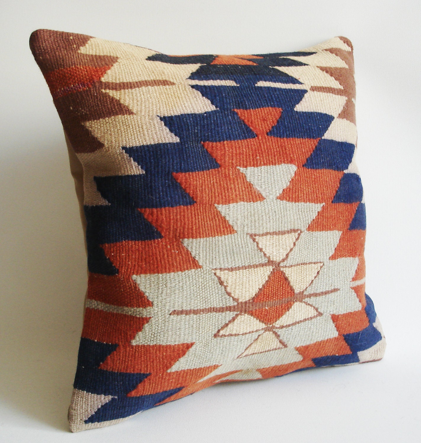 Sukan / Handwoven Vintage Turkish Kilim Pillow Cover, Decorative Pillows, Accent Pillow, Throw Pillow, 16x16 inch Navy Blue, Cream