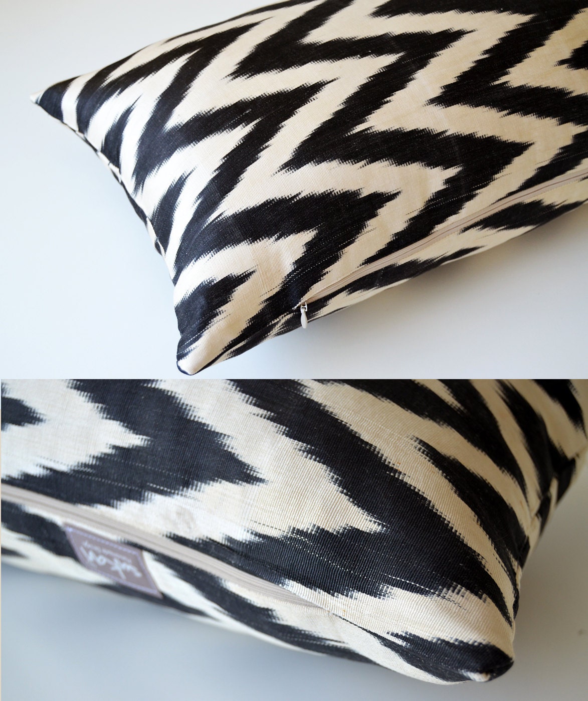 Sukan / Handwoven Original Back-Front Silk ikat Bolster Pillow Cover - Black, Dark Gray, Cream, Beige, Ivory