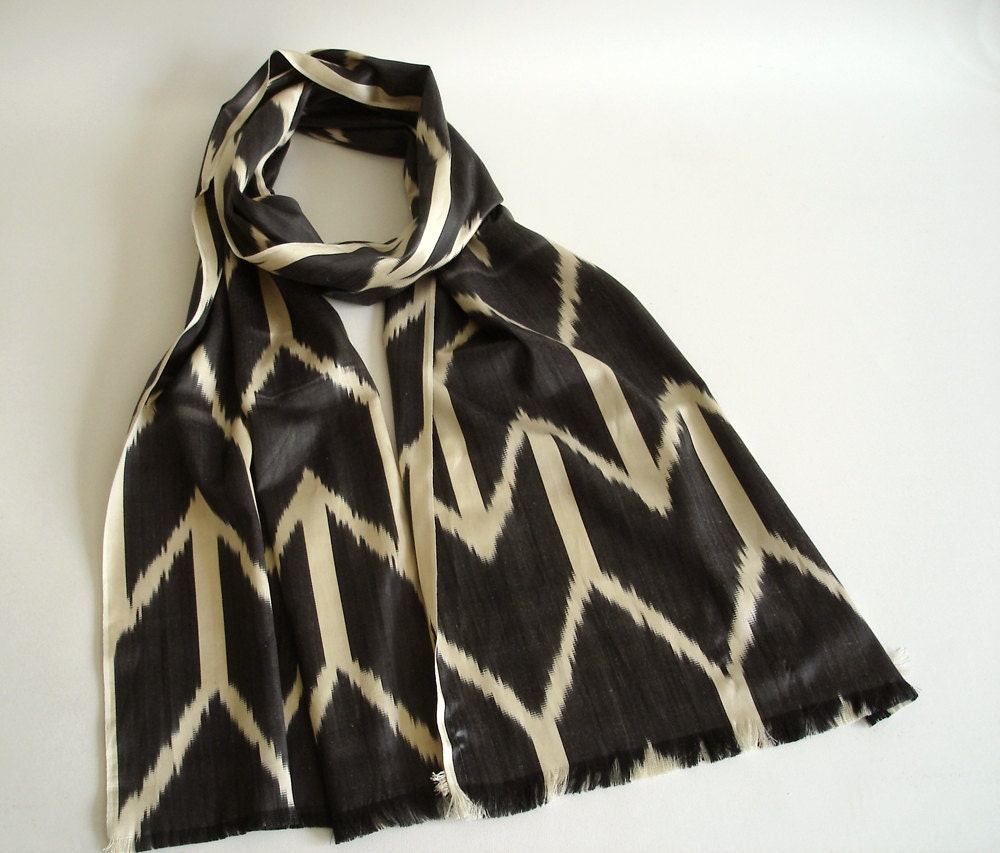 Sukan /  Handwoven ikat Silk Scarf, ikat scarf, Ikat Scarves, Ikat Shawl, Modern, Bohemian, Organic,Gray, Dark Gray, Beige Color