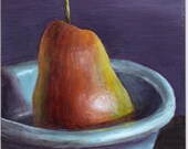 Original Acrylic Still Life Painting of Pear - Small Painting Original Art for the Kitchen - Blues, Purple Rust