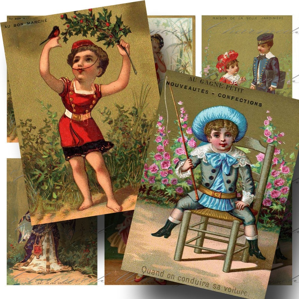 French Victorian Children Chromolithographs (2) - ATC Digital Collage Sheet - Buy 3 sheets and get 4th FREE - Printable Download