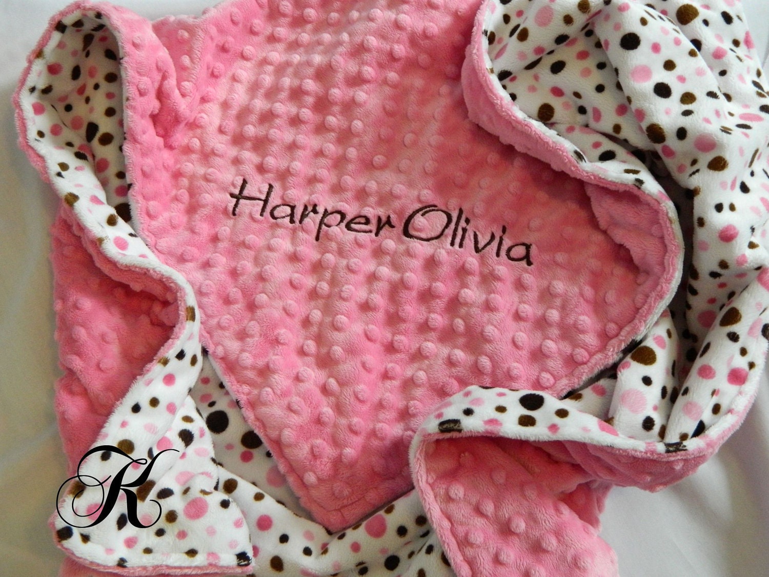 Minky Blanket - Personalized baby blanket -Hot pink minky dot with polka dot print minky- 30x36"