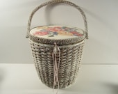Lidded Wicker Sewing Basket with Handle Decals 1960's